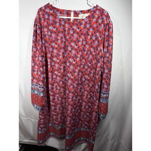 LOFT Plus Red Floral Boho Shift Dress Size 24 Long Sleeve Border Print Medallion